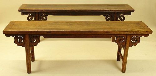 Two (2) Antique Chinese elm associated long benches Unsigned.