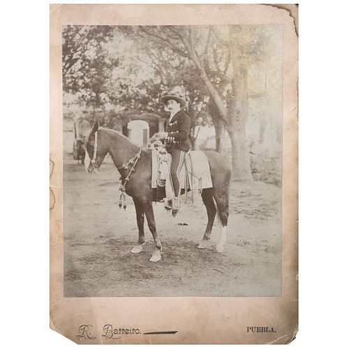 RAMÓN BARREIRO, Jinete Charro, Puebla, 1898, Unsigned Albumen on cardboard, 11.8 x 8.6" USD $230-$450