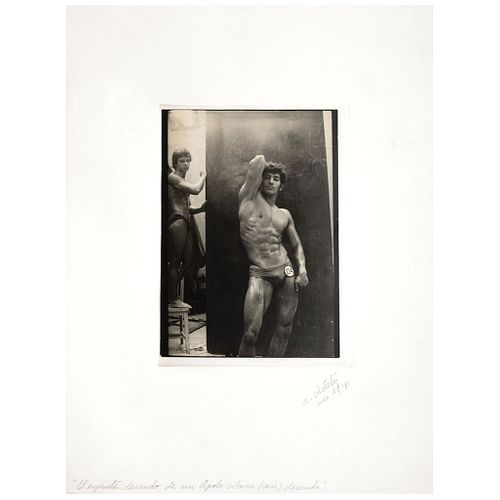 ARMANDO CRISTETO PATIÑO, Hombre en bicicleta, trofeo, piernas y torso desnudos, Signed and dated Méx. D.F. 81 on mat. Gelatine silver p