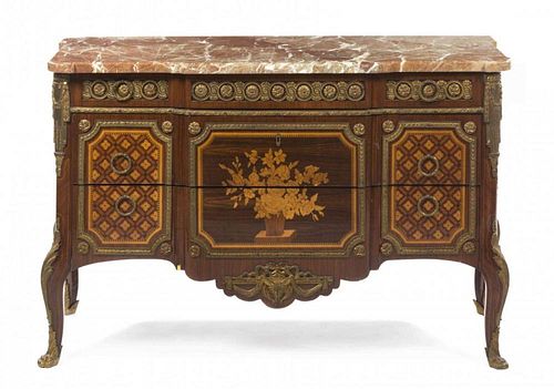 20th century French Transitional style bronze mounted marquetry inlay marble top three drawer commode.