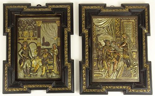 Pair of 19/20th century Renaissance style polychrome relief plaques, possibly white metal or lead.