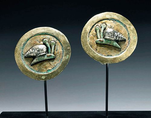 Matched Moche Gilt Copper Earspools w/ Silver Snails