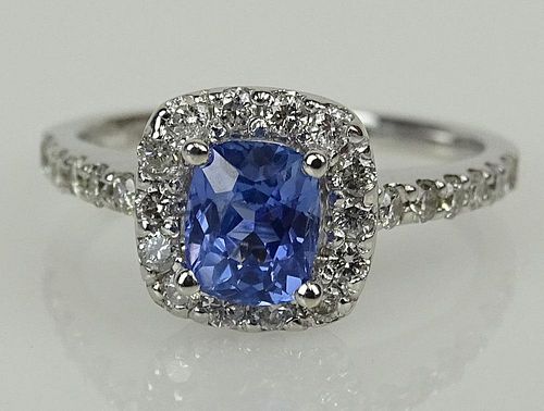 AIG GIA Certified 1.03 Carat Sapphire and 0.50 Diamond 14 Karat White Gold Ring.