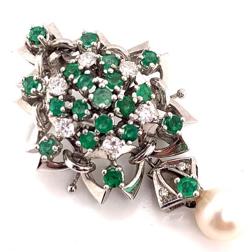 14K Diamond Emerald Pearl Brooch Pendant