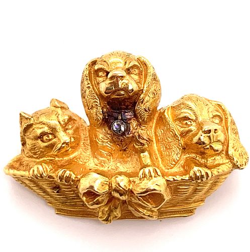 Art Nouveau Cat & Dogs Basket Brooch 18k Gold