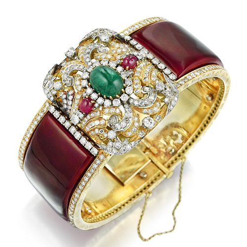 Multi-Colored Gemstone Diamond and Enamel Bangle Bracelet