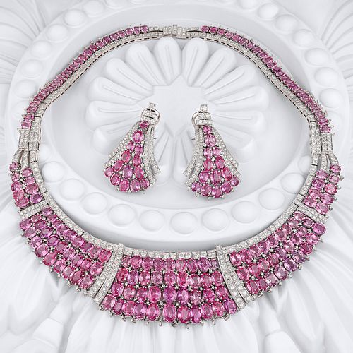 Fine Pink Sapphire and Diamond Necklace and Earrings Set