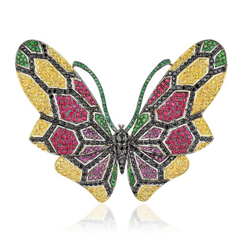Multi-Colored Gemstone and Diamond Butterfly Brooch