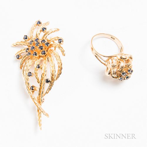 Two Pieces of 14kt Gold and Sapphire Flower Jewelry