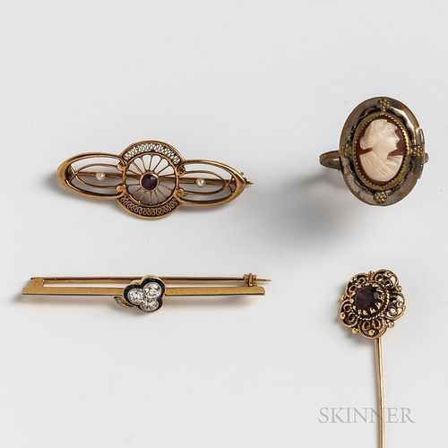 Group of Gold Pins and a Gilt Cameo Locket