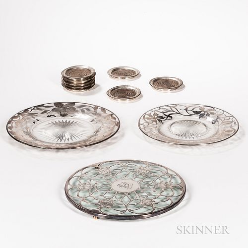 Three Silver-mounted Glass Trays and Two Sets of Silver-mounted Coasters