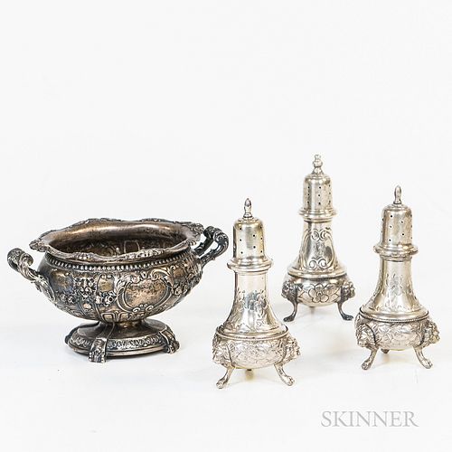 Sterling Silver Sauceboat and Three Sterling Silver Shakers