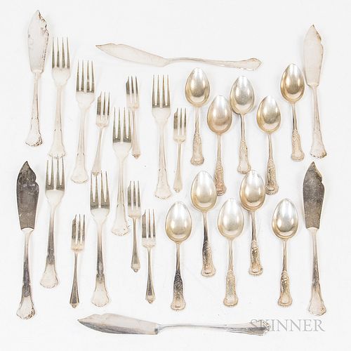 German .800 Silver Boxed Fish Set, Six English Sterling Silver Seafood Forks, and .830 Silver Teaspoons