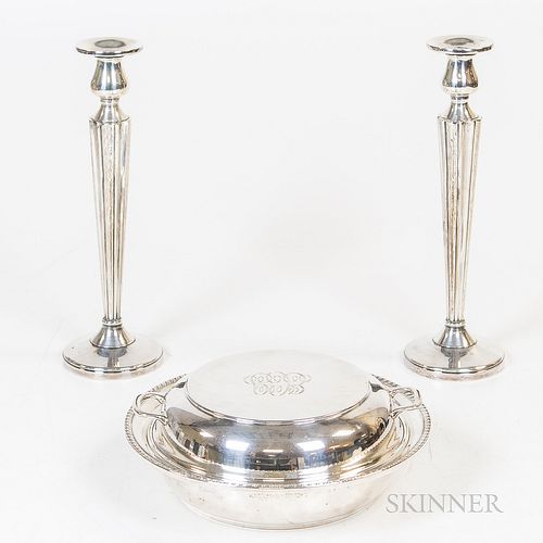 Sterling Silver Covered Tureen and a Pair of Sterling Silver Weighted Candlesticks