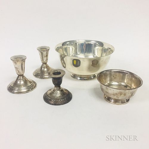 Two Sterling Silver Revere-reproduction Footed Bowls and Three Sterling Silver Waited Low Candlesticks