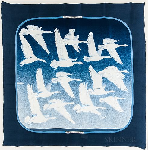 Framed Hermes "Oiseaux Migrateurs" Blue Silk Scarf