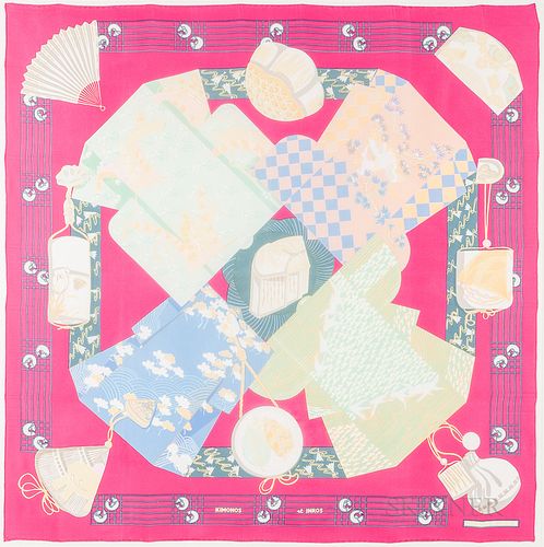 Framed Hermes "Kimonos et Inros" Pink Silk Scarf