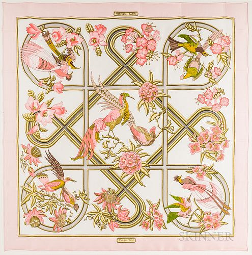 Framed Hermes "Caraibes" Pink Silk Scarf