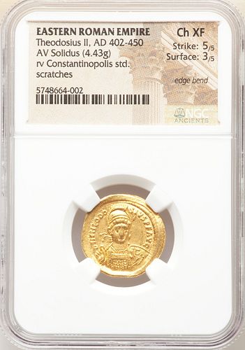 Ancient Roman Theodosius II, Gold Solidus Eastern Roman Emperor (AD 402-450)