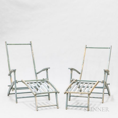 Two Country Blue-painted Pine Deck Chairs.