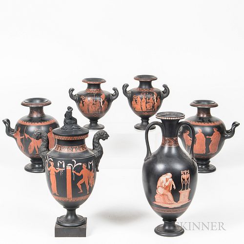 Six Encaustic-decorated Black Basalt Vases