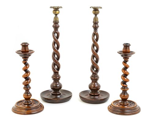 Two Pairs of English Turned Wood Candlesticks