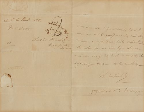 DE STAEL-HOLSTEIN, Anne Louise Germaine, Madame (1766-1817). Autograph letter signed  "Mme de Stael". [1813]. To Giovanni Battista Viotti.  