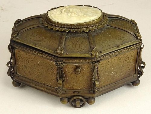 19th century Patinated white metal vanity box with carved ivory inset on top.
