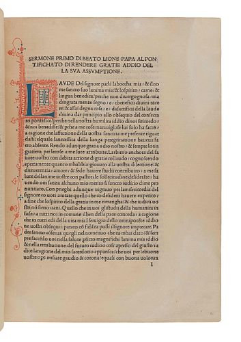 LEO I (ca 360-461, Pope from 400). Sermones et epistolae. Translated from Latin into Italian by Filippo Corsini. Florence: [Antonio di Bartolommeo Mis