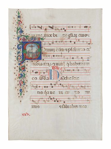 [ILLUMINATED MANUSCRIPTS]. Antiphonal leaf with large historiated initial  "D" on verso depicting the Crucifixion with the Virgin Mary, St. John the E