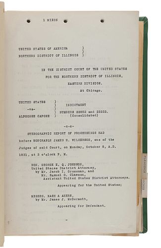 [CAPONE, Alphonse]. THE UNITED STATES OF AMERICA V. ALPHONSE CAPONE. An archive of approximately 443 carbon copy typescript pages and 58 mimeographed 