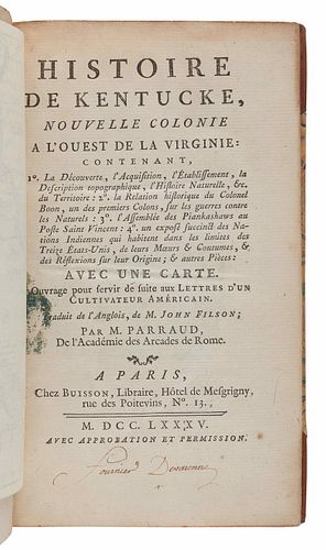 FILSON, John (ca 1747-1788). Histoire de Kentucke, Nouvelle Colonie a l'oueste de la Virginie. Paris: Chez Buisson, 1785.  