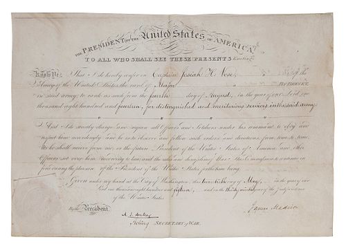 MADISON, James (1751-1836). Engraved document signed as President ( "James Madison"), countersigned by A. J. Dallas, acting Secretary of War, 20 May 1