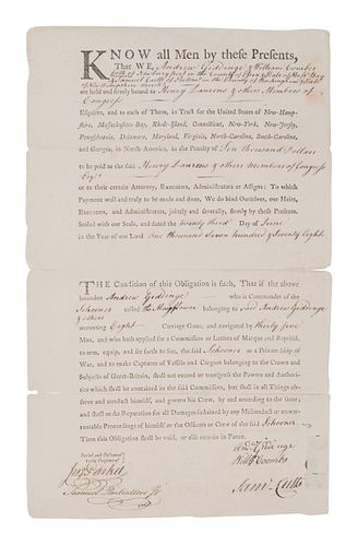 [PRIVATEERS]. Partly printed document accomplished in manuscript, signed by Andrew Giddinge and William Coombs, countersigned by by John Parker, Samue