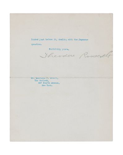 ROOSEVELT, Theodore (1858-1919). Draft typescript signed as President ( "Theodore Roosevelt"), with an 8-word emendation in Roosevelt 's hand, to Lawr