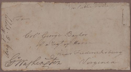 WASHINGTON, George (1732-1799). Address panel with autograph free frank signed ("G:o Washington"), as Commander in Chief of the Continental Army, 5 Au
