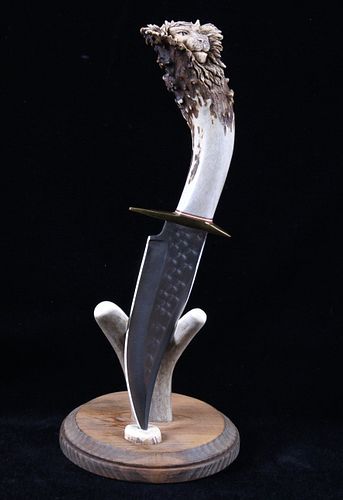 Hand Carved Lion Head Antler Bowie Knife & Stand