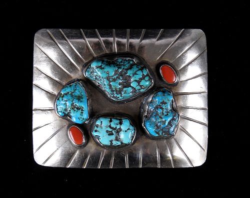 Navajo Old Pawn Turquoise & Red Coral Buckle