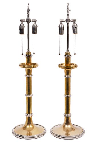 Pr. Brass & Chrome Pillar Tall Table Lamps
