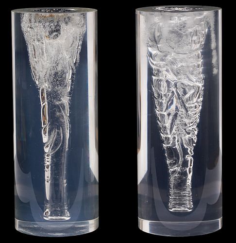 2 Retro Cylindrical Acrylic Sculptures w/ Bubbles
