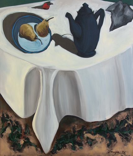 Ted Stanuga
(American, b. 1948)
Dark Blue Teapot on White Table Cloth Still Life, 1988