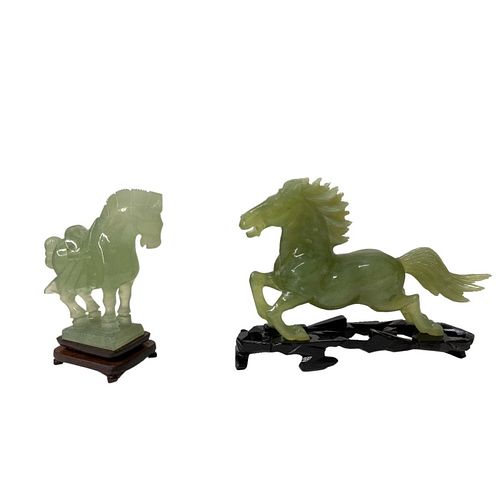 Pair of Chinese Jade Horses on Wooden Stands