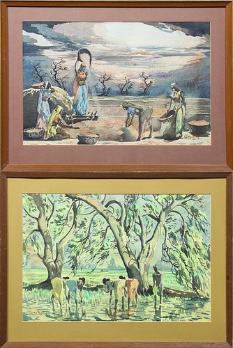 Gideon D. Thyaga Raj (1930-, Indian), "Workers in the Field," and "Women in the Water's Edge," 20th c., two watercolors, signed, pre...