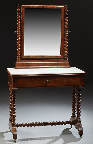 French Carved Mahogany Marble Top Dressing Table, c. 1970, the rectangular rounded corner mirror on rope twist supports, on a dished...