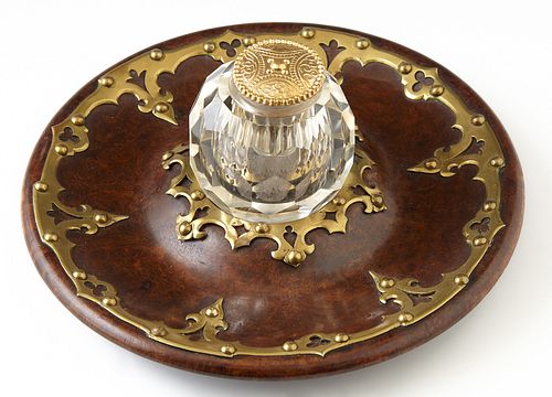 English Victorian Brass Mounted Burled Walnut Inkwell, late 19th c., the cut glass inkpot with an ink insert and a brass cork stoppe...