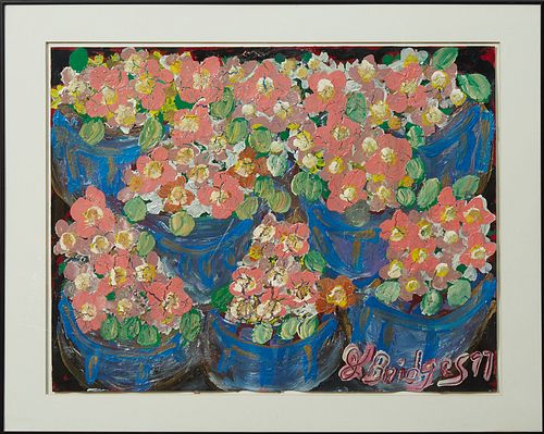 Joan Bridges (1934-2002, New Orleans), "Basket of Flowers," 1997, oil on paper, signed and dated lower right, presented in a black m...