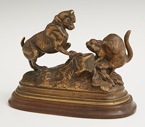 After Jules Moigniez (1835-1894, French), "Terrier and a Cat," 19th c., patinated bronze, on a integral stepped base, now mounted on...