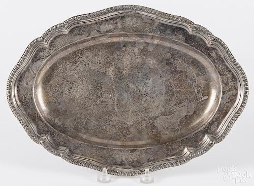 English silver serving dish, 1743-1744, with illegible maker's mark, possibly JS, 9'' h.