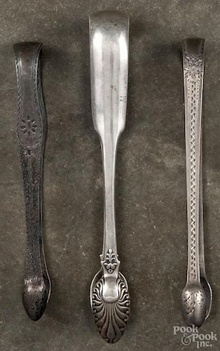 Two English bright cut silver sugar tongs, ca. 1800, together with Irish silver tongs, 1831-1832