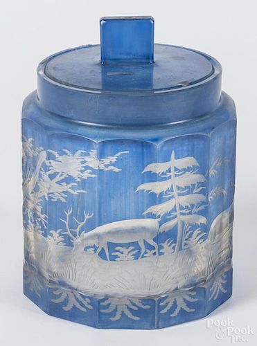 Bohemian blue cut to clear glass lidded canister, 19th c., 6 1/2'' h.
